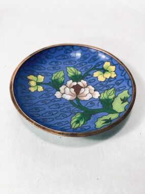 Vintage Blue Floral Cloisonné Enamel Metal Trinket Dish